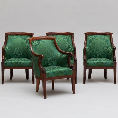 Set of Four Empire Carved Mahogany Fauteuils en Gondole, Stamped Jacob Freres Rue Meslee 