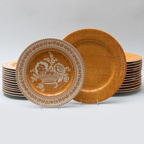 Two Sets of Fourteen Pierre Frey Chargers in the 'Saffron Les Toiles' Pattern and Dinner Plates in the 'Saffron Les Paniers Fleuris' Pattern