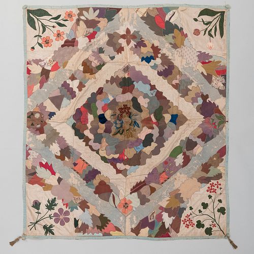 Silk and Linen Patchwork Quilt, Signed Dec. 1883, Anna E. Todd