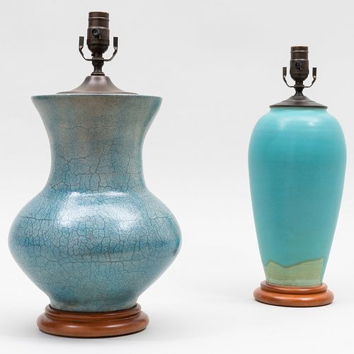 Two Blue Glazed Vases Mounted as Lamps