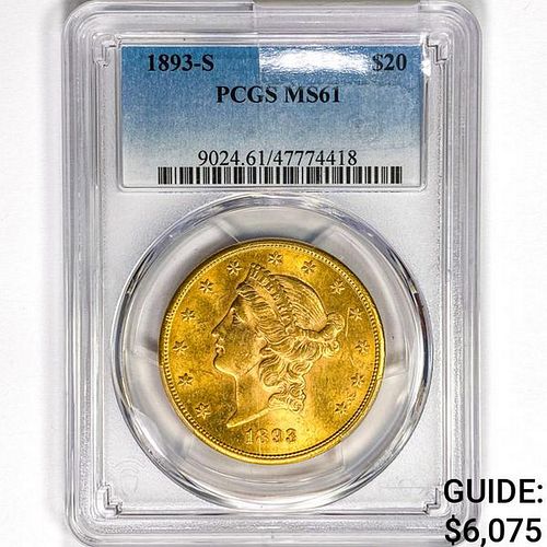 1893-S $20 Gold Double Eagle PCGS MS61