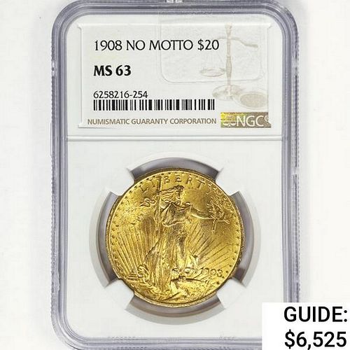 1908 $20 Gold Double Eagle NGC MS63 NO MOTTO