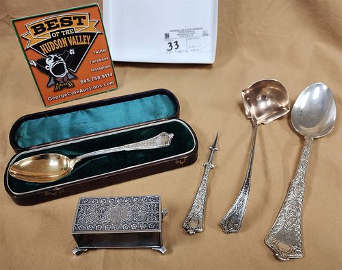 Bx 5 Pcs Tiffany Sterl "Persian" Serving Spoon 8 1/2", Gravy Ladle 7", Nut Pick 5" And Napkin Ring 1 1/4"H X 3"W X 1 1/2"D And Bx'D Tea Spoon 7.25 Ozt
