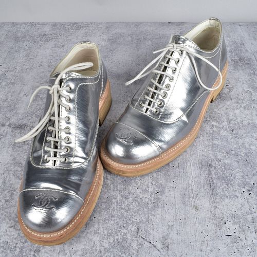 Chanel Silver Leather Oxfords