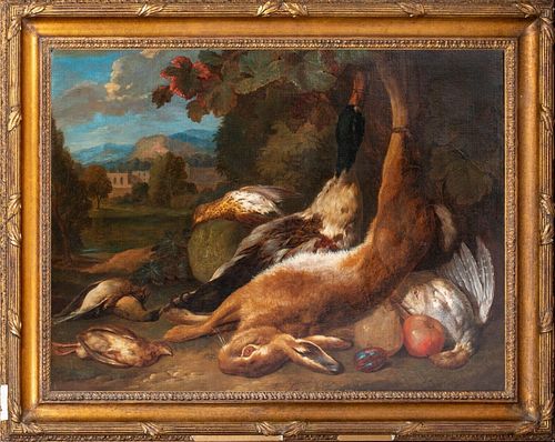 STILL LIFE OF DEAD GAME BIRDS & HARE OIL PAINTING