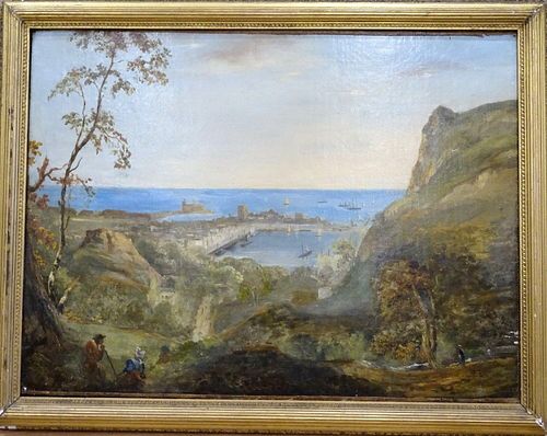 LANDSCAPE VIEW OF CHERBOURG HARBOUR OIL PAINTING