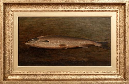 STILL LIFE STUDY OF A TROUT PORTRAIT OIL PAINTING