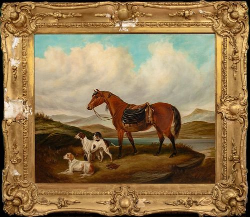  HIGHLAND HORSE & HUNTING HOUNDS LANDSCAPE OIL PAINTING