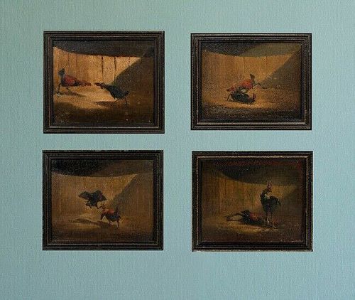  FOUR COCKFIGHTING SCENES OIL PAINTING
