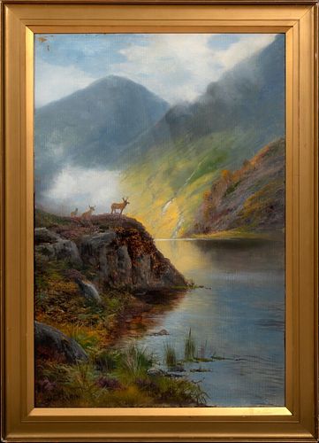  HIGHLAND LOCH STAG LANDSCAPE OIL PAINTING
