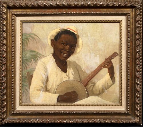 PORTRAIT OF BOY PLAYING A BANJO OIL PAINTING