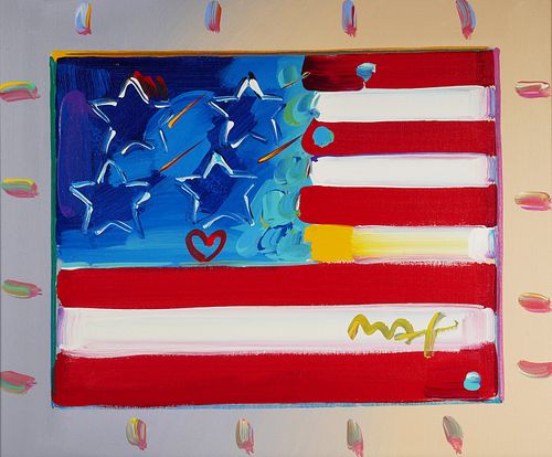 PETER MAX Original Painting, Flag with Heart