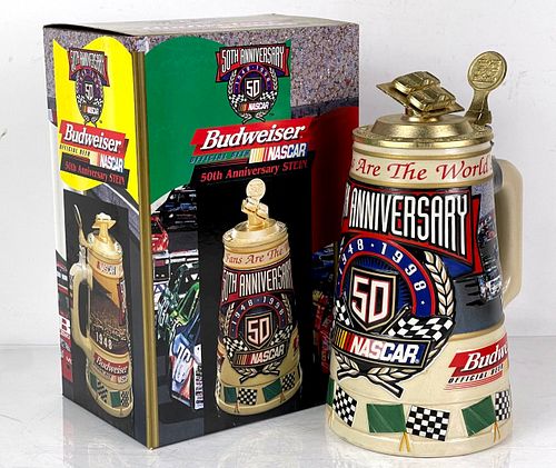 1998 Budweiser NASCAR 50th Anniversary Lidded 8¼ Inch Stein Saint Louis Missouri