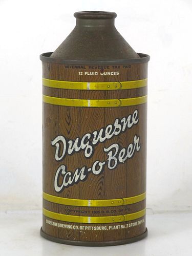 1950 Duquesne Can-O-Beer 12oz 159-28 High Profile Cone Top Pittsburgh Pennsylvania