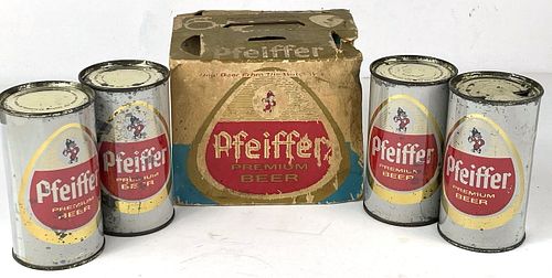 1962 Pfeiffer Beer Six Pack Holder with 4 Cans Detroit Michigan