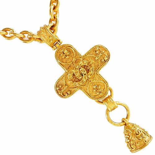 CHANEL COCOMARK CROSS BELL GOLD PLATED NECKLACE