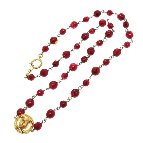 CHANEL VINTAGE COCO MARK RED STONE NECKLACE
