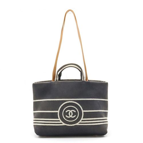 CHANEL HERE MARK CANVAS & LEATHER TOTE BAG