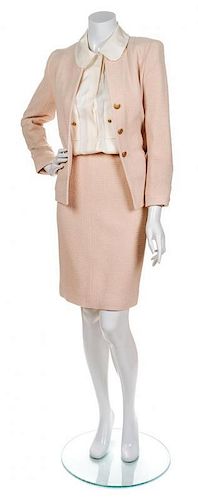 A Chanel Blush Wool Boucle Skirt Suit, Size 36.