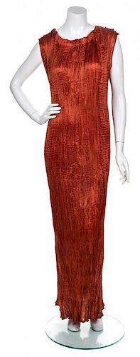 A Mariano Fortuny Deep Orange "Delphos" Gown, No Size.