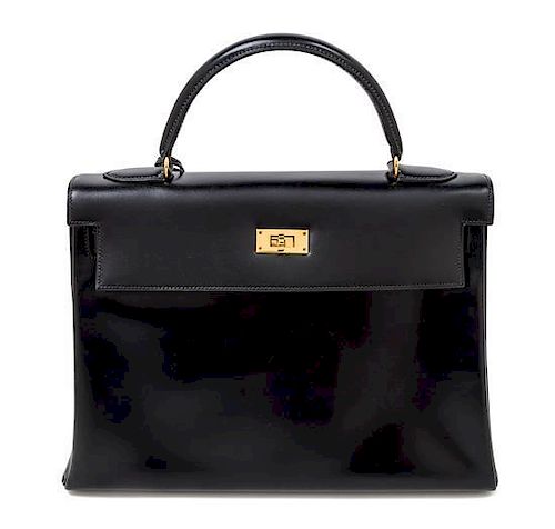 An Hermes Noir Box Calf Sellier 32cm Kelly Handbag, 13"x4.5"x 9"
