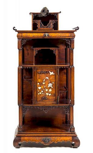 * A French Mahogany Japonesque Vitrine Cabinet Height 56 3/4 x width 26 3/8 x depth 12 inches.