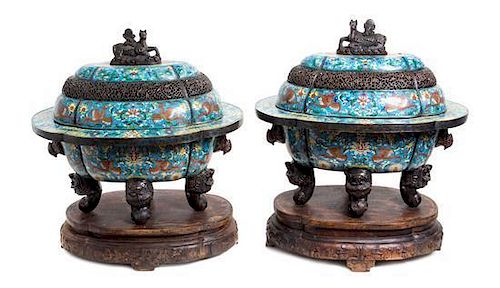 * A Pair of Large Chinese Cloisonne Enamel Censers Height 30 inches.