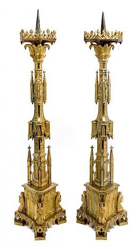 * A Pair of Gothic Revival Gilt Bronze Prickets Height 31 5/8 inches.