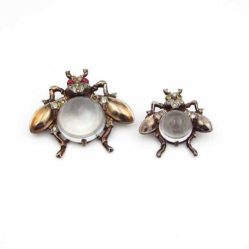 Two Crown Trifari Sterling Silver Jelly Belly Fly Pins