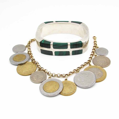 14K Charm Bracelet Coins and Sterling Silver Malachite Bracelet