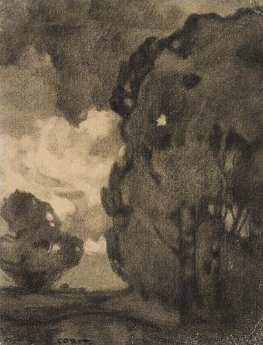 J. STAUDER KAMIOWSKI (19th) after COROT (*1796), Landscape study with dense clouds,  1875, Charcoal