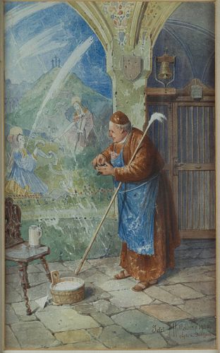 F. HOLLFELDER (20th) after GRÜTZNER (*1846), Monk as fresco painter, around 1920, Watercolor