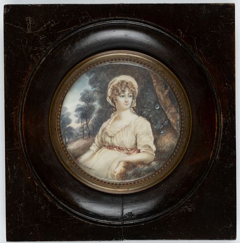 Unknown (19th), Portrait miniature, Lady in the park, around 1850, Watercolor
