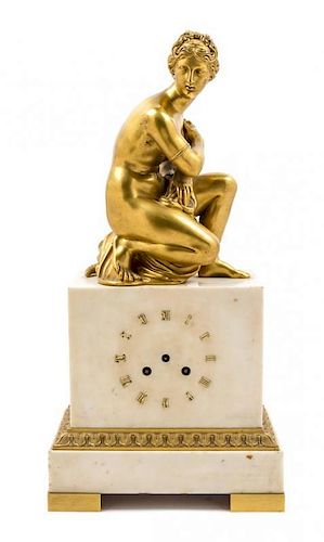 A French Gilt Bronze and Marble Figural Mantel Clock Height 20 3/4 x width 10 1/4 x depth 6 1/4 inches.