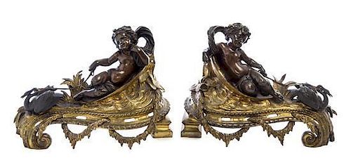 A Pair of Louis XVI Style Gilt and Patinated Bronze Figural Chenets Height 11 1/2 x width 14 1/2 inches.