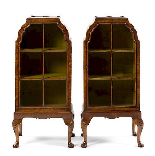 A Pair of Queen Anne Style Burl Walnut Vitrine Cabinets Height 42 x width 18 1/4 x depth 11 3/4 inches.