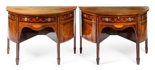 A Pair of Adam Style Marquetry Console Cabinets Height 33 x width 48 3/4 x depth 24 inches.