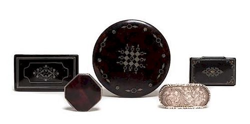Five Victorian Boxes, 19th Century, comprising a circular lacquered example, two lacquered snuff boxes, a tortoise shell and 