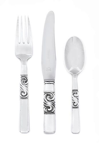 A Danish Silver Flatware Service, Georg Jensen Silvermithy, Copenhagen, 1927-1977, Scroll pattern, comprising: 12 dinner fork