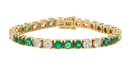 Ladies Emerald And Diamond Tennis Bracelet, 14K Yellow Gold, W 0.25" L 6" 15.15g