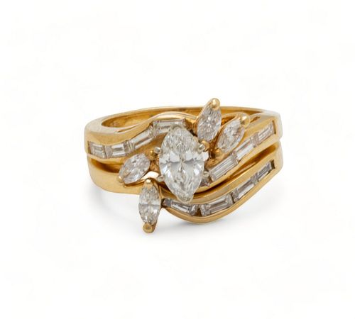 .75 Ct Marquis Cut Diamond & 14K Gold Ring Set, 7.5g 2 pcs Size: 5.75