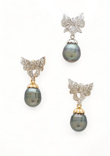 Black Tahitian Pearl & Diamond Pendant And Earrings, H 1" W 0.5" 11g 3 pcs