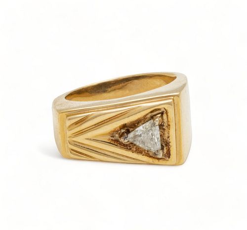Trilliant Cut Diamond And 14kt Yellow Gold Ring, Size 8.75, 12g