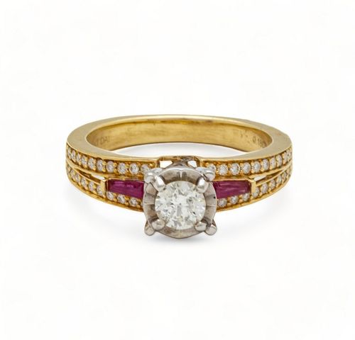 Diamond, Ruby, And 14 Kt. Yellow Gold Lady's Ring, Size 6.5