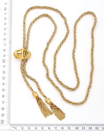 Ilias Lalaounis (Greece) 18k Yellow & White Gold Rope Twist Tassel Necklace, L 45" 83g
