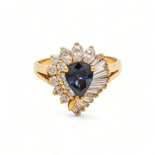 Blue Sapphire (1ct) , Diamond And 18K Yellow Gold Ring, Size 7