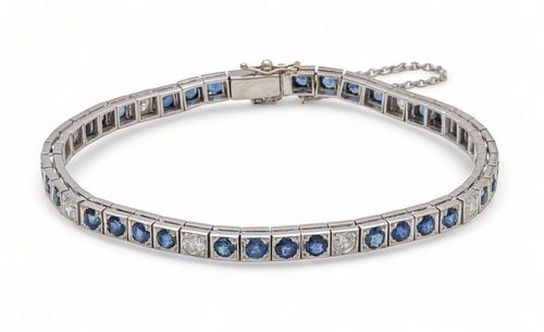 14K White Gold Bracelet, Sapphires And Diamonds Ca. 1930, L 7.5" 17g