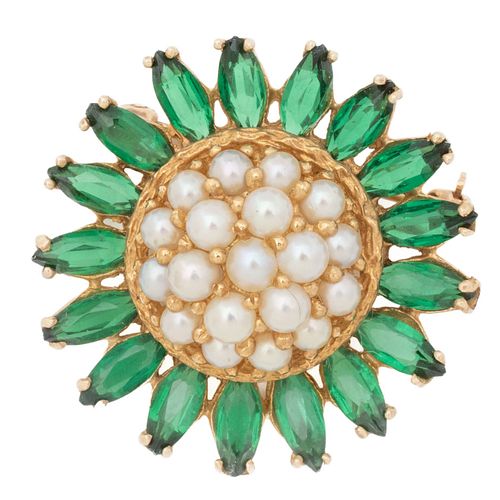 Emerald And Pearl 14K Gold Flower Form Brooch Ca. 1930, Dia. 1.2" 9.9g
