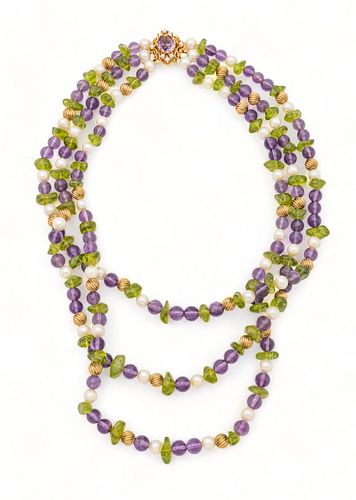 Triple Strand Pearl, Peridot And Amethyst Necklace, 14KP L 17" 192g