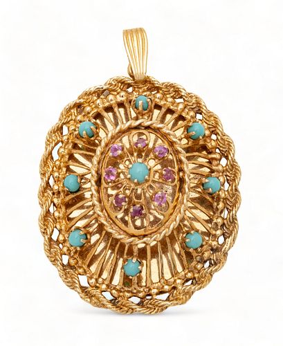 14k Gold, Turquoise Beads & Rubies Oval Pendant, Ca. 1940, H 1.75" W 1.5" 17g